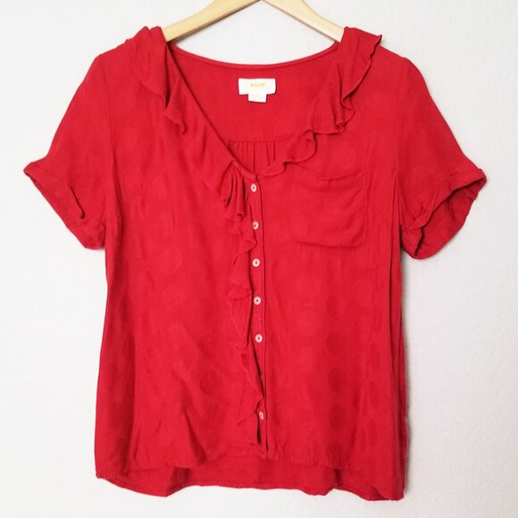 Anthropologie Maeve Jojo Ruffle V Neck Blouse Top S Red Dots Button Front Sweet - Picture 4 of 14